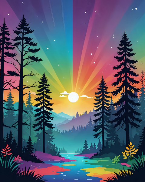 Sunrise over a river with multicolored rays and glowing flowers in a forest.