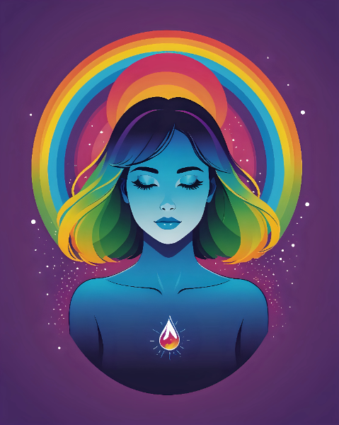 Serene figure with rainbow hair and glowing energy against a starry purple background.