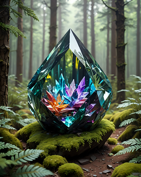 Faceted crystal refracting rainbow light in a tranquil mossy forest.