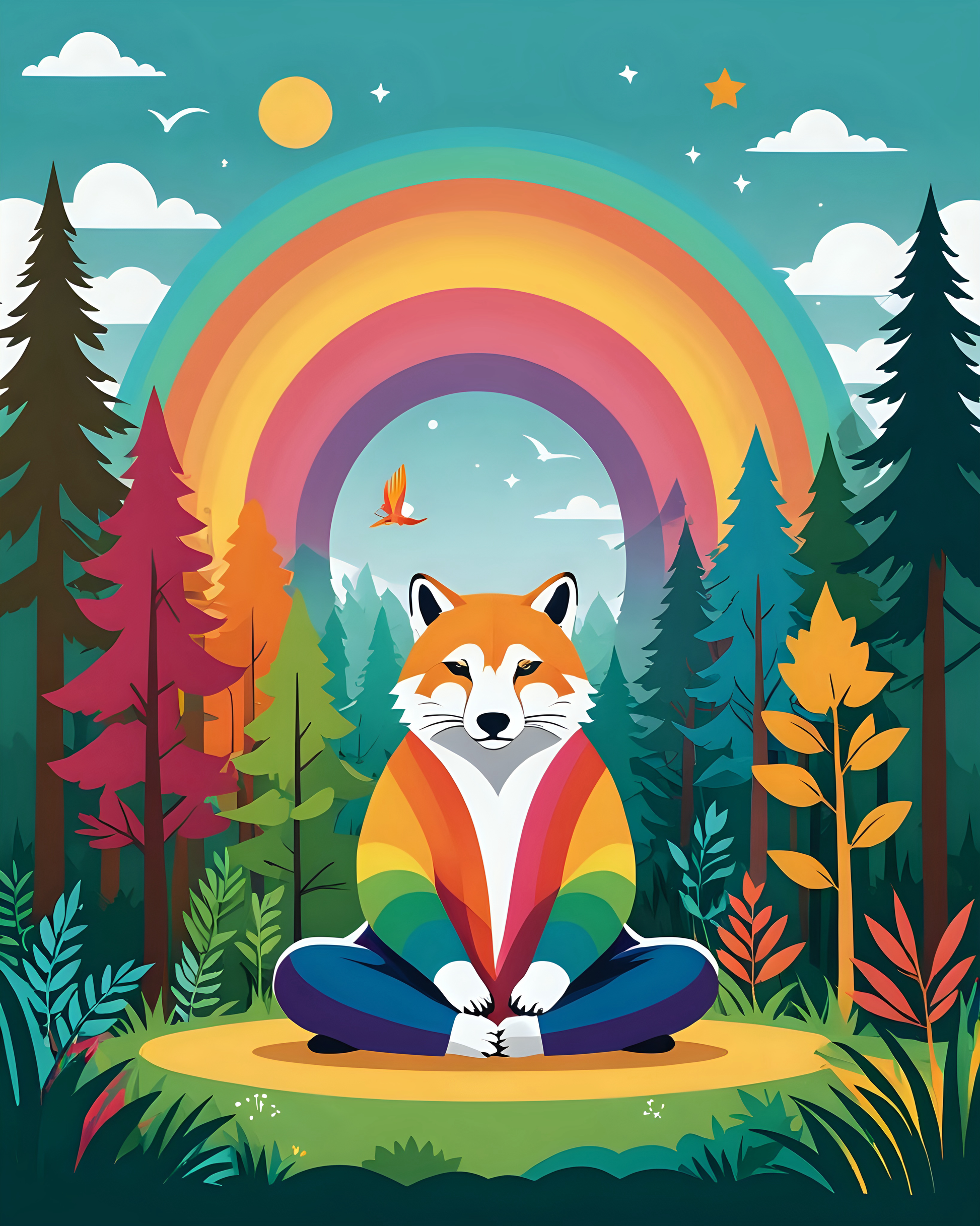 Fox meditating in a rainbow-striped sweater under a rainbow in a lush forest.