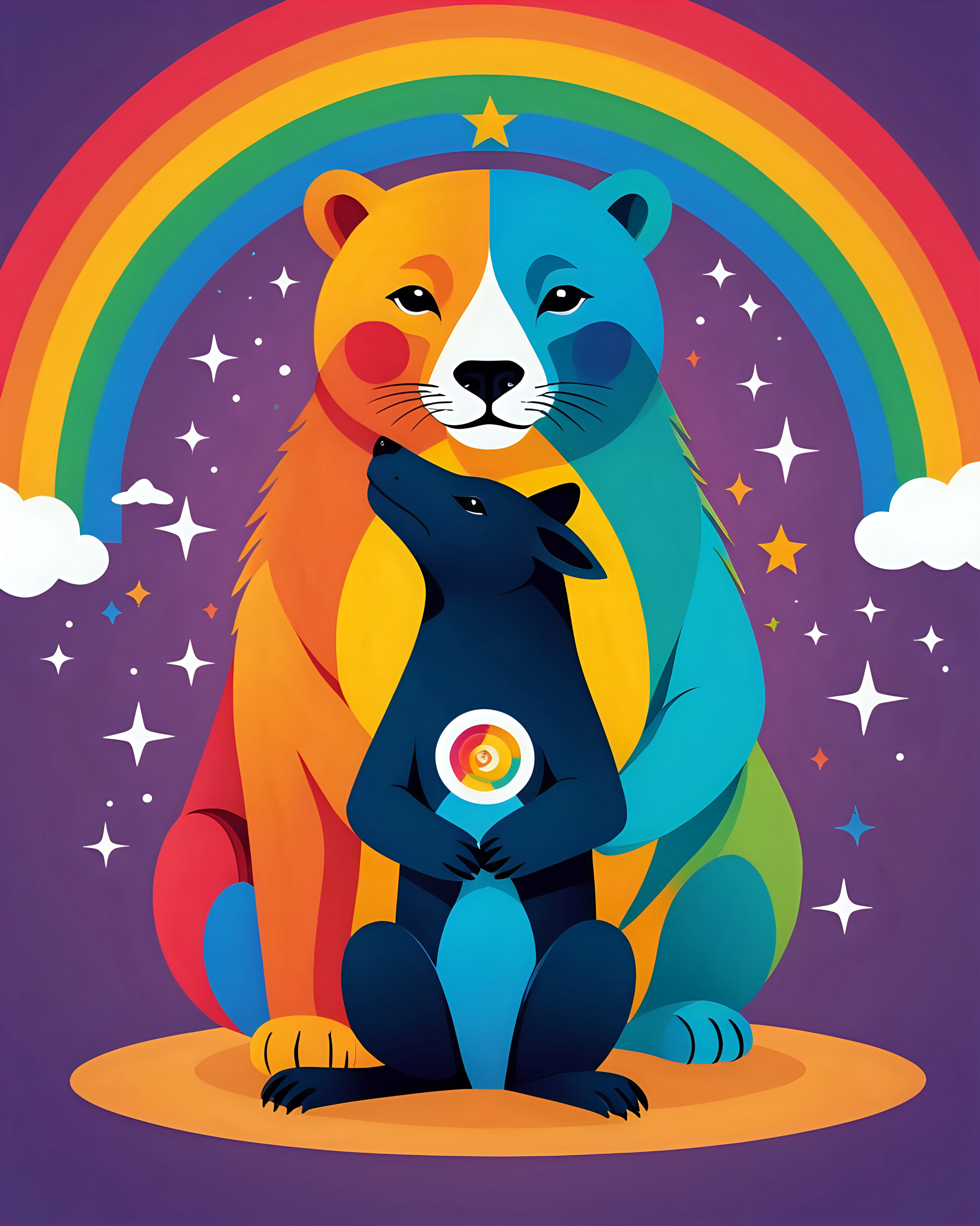 Bear and canine figures embracing, with rainbow hues and energy symbol radiating peace