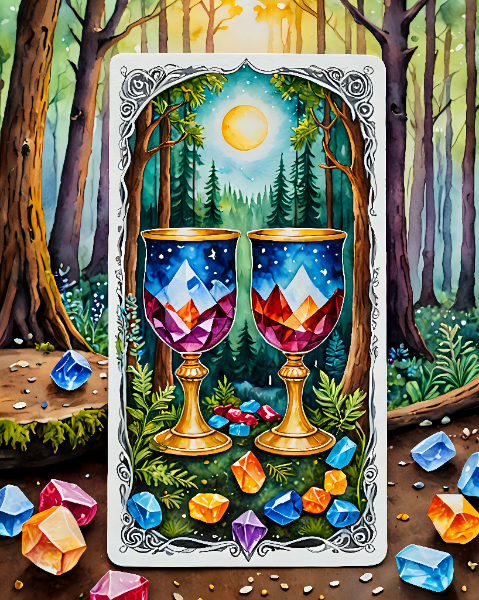 Two ornate goblets with gemstones in a mystical forest under a full moon.