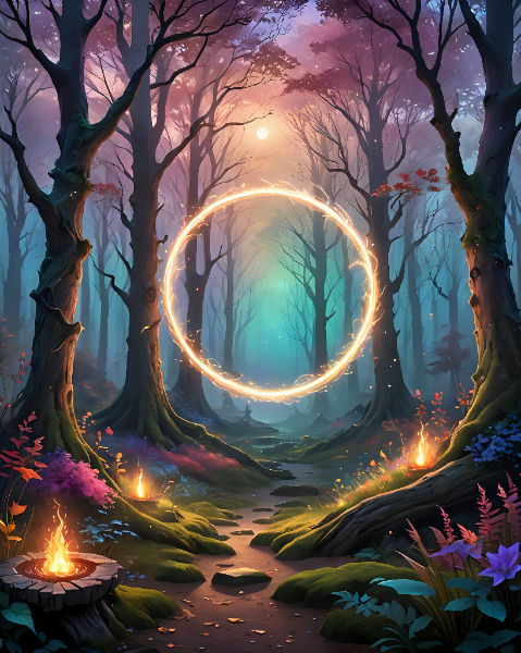 A twilight forest with a glowing golden ring, enchanted fires, and a winding path through vibrant trees